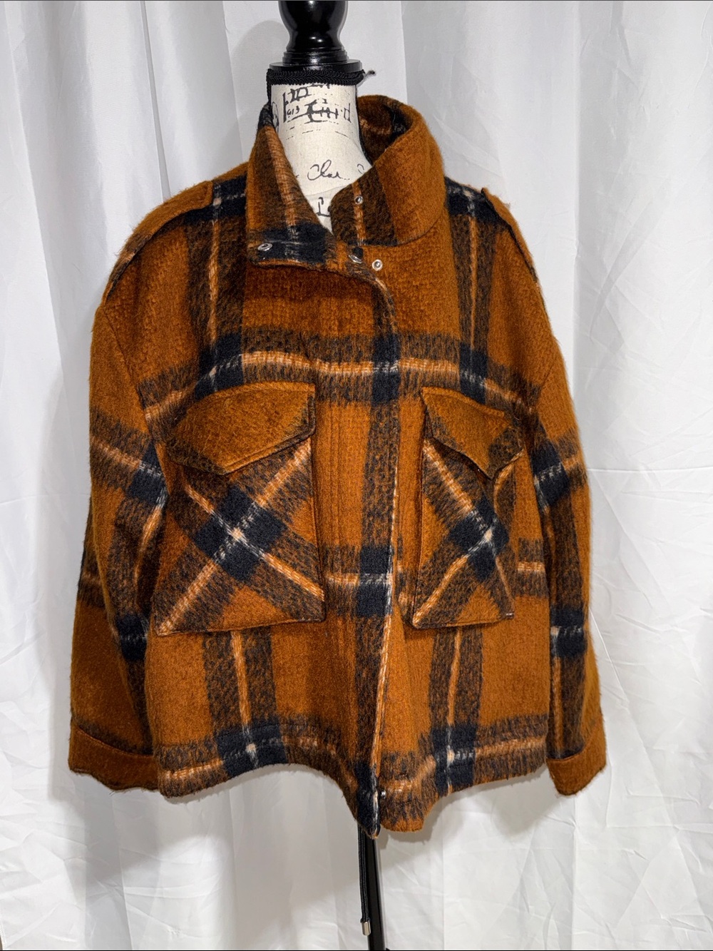 Nine West Rust and Black Plaid Wool-Blend Utility Jacket